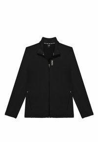 Mustam zip-up jakk kõrge kraega, pikkade varrukatega ja kahe esise viskamisega taskuga. Kanga tekstuur on sile; vasakul pool on logo.