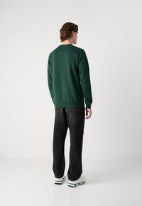 Felpa verde con colletto a girocollo, polsini e vita a coste, abbinata a jeans neri larghi e scarpe da ginnastica bianche.