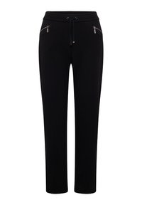 Black straight-leg pants with drawstring waist and zippered front pockets.