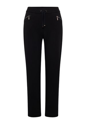 Black straight-leg pants with drawstring waist and zippered front pockets.