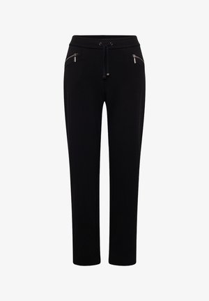 Black straight-leg pants with drawstring waist and zippered front pockets.