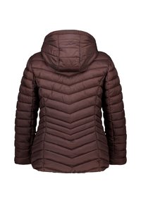 Bruine gewatteerde hoodie-jack met een chevron-stikselpatroon, lange mouwen en een licht taps toelopende taille, getoond vanaf de achterkant.