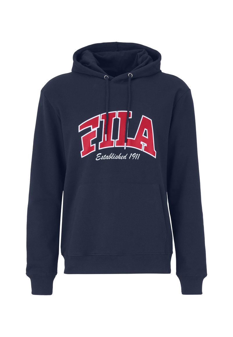 Felpa blu navy in cotone, con tasca frontale, coulisse, grande logo "FILA" bianco e rosso, e testo "Established 1911".