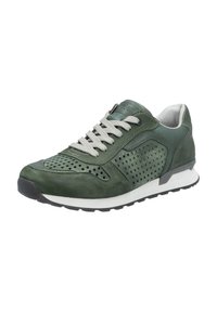 Grüne Wildledersneaker mit durchbrochenem Design, grauen Schnürsenkeln und einer weißen Zwischensohle. Sie verfügen über eine Gummisohle und kontrastierende graue Akzente.