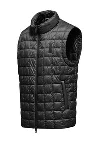 Gilet imbottito nero realizzato in materiale leggero, con colletto alto, chiusura con zip e tasca laterale. Design senza maniche con linee pulite.