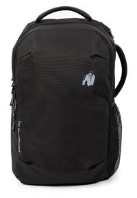 Zwarte rugzak van textuurstof, met een voorvak met rits, een mesh zijvak en een subtiele gorilla-logo. Voorzien van verstevigde handvatten en schouderbanden.