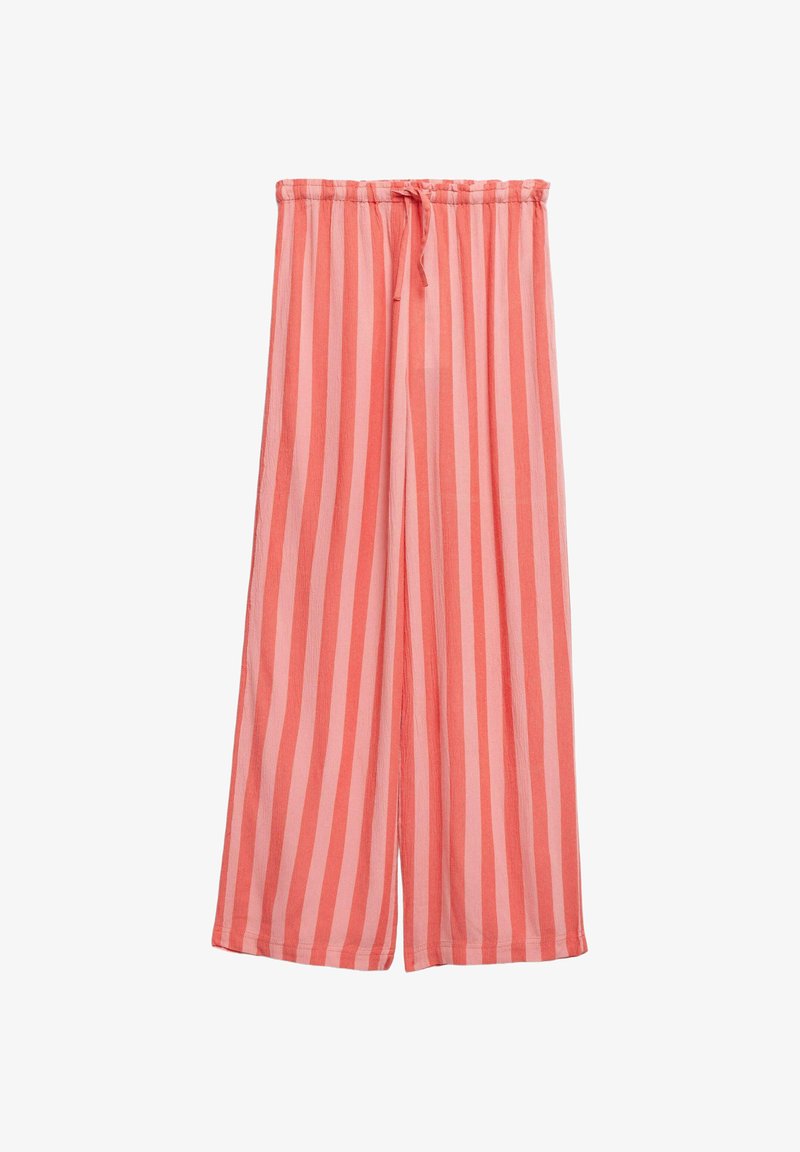 Hose mit weitem Bein und vertikalen Korallen- und Pinkstreifen, elastischem Bund mit Bindverschluss, leichtem Stoff.