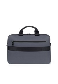 Grijze stoffen laptoptas met een ritssluiting aan de voorkant, dubbele handgrepen en een zwart accentband. Heeft een soepele textuur en rechte vorm.