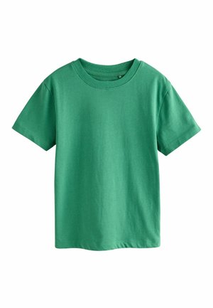 Green cotton t-shirt with a crew neckline, short sleeves, smooth texture, and a straight hem. No patterns or embellishments.