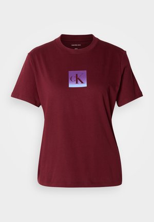 Maroon cotton T-shirt featuring a square logo with a gradient purple to blue background and the letter "cK" in dark purple.