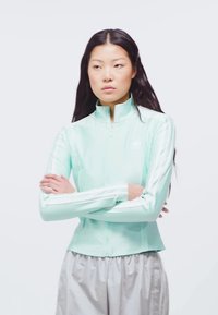 Chaqueta con cremallera de color verde menta y cuello alto, con franjas blancas a lo largo de las mangas. Material suave y ligero; diseño ajustado.