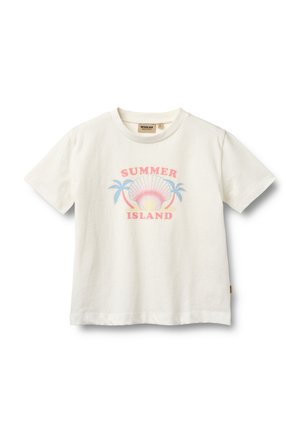 Witte katoenen t-shirt met een pastelkleurige afbeelding van een schelp met palmbomen, de tekst "SUMMER ISLAND" en een ronde hals.