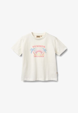 Hvid bomulds-T-shirt med en pastelgrafik af en muslingeskal med palmer, tekst der lyder "SUMMER ISLAND," og rund halsudskæring.