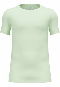 Light green short-sleeve athletic shirt with a textured fabric, round neckline, and seamless design for comfort and flexibility.