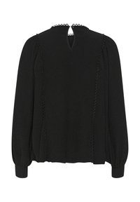 Black blouse featuring textured fabric, round neckline with a keyhole, long sleeves, and decorative stitching along the seams.