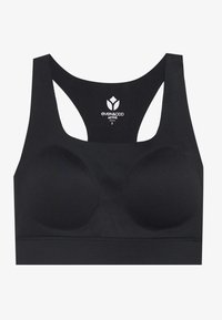 Svart sportsbh med en glatt tekstur, har formede kopper, brede skulderstropper og et åpent ryggdesign. Logoklippet er plassert i midten.
