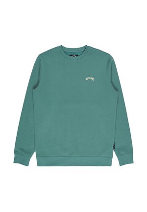 Sweatshirt vert en coton doux, avec un col rond, des manches longues et un petit logo beige sur la poitrine. Texture lisse, coupe décontractée.
