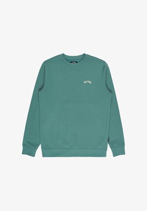 Sweatshirt vert en coton doux, avec un col rond, des manches longues et un petit logo beige sur la poitrine. Texture lisse, coupe décontractée.