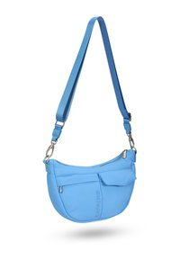 Borsa a spalla blu con forma curva, realizzata in tessuto liscio. Presenta una chiusura zip, una tasca frontale e una tracolla regolabile.