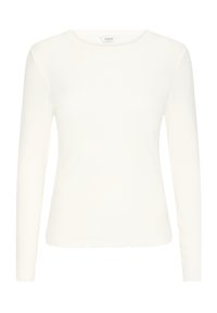 Garais piedurkņu balts ribots trikotāžas topiņš ar apaļu kakla izgriezumu un nedaudz viļņainiem apakšmalas galiem.