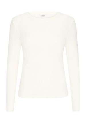 Ilgų rankovių, baltas tekstūruotas megztinis su apvalia kaklo iškirpte ir šiek tiek banguotu apatine kraštu.