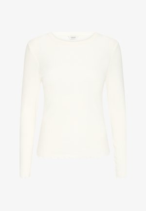 Wit ribgebreid top met lange mouwen, een ronde halslijn en licht gerimpelde zoomranden.