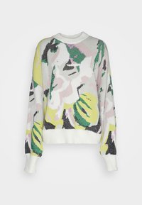 Maglione lavorato a maglia con motivo floreale in rosa, verde, giallo e nero su base bianca, con scollo rotondo e polsini a costine.