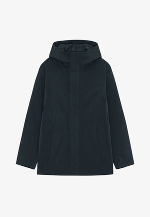 Navy blue waterproof jacket with a high collar, concealed zipper, and two front pockets. Smooth texture, minimalist design, and non-insulated.