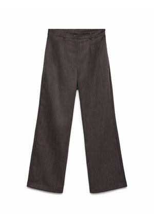 Pantaloni a gamba larga di colore grigio scuro con un sottile motivo a righe verticali. Realizzati in tessuto morbido, presentano un frontale piatto e una chiusura con bottone.
