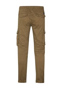 Khaki cargobroeken met een elastische tailleband, zijzakken en omgeklapte pijpen. Gemaakt van duurzaam materiaal met een gladde textuur.