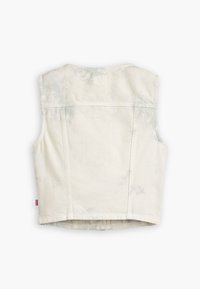 Denim sleeveless vest in off-white with light gray tie-dye pattern, featuring stitched seams and a rounded hem. Small branded tag at bottom left.