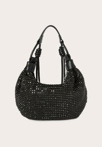 Bolso de mano negro con cuentas y una superficie texturizada y brillante. Presenta una forma redondeada, asas dobles con acentos anudados y un cierre de cremallera.