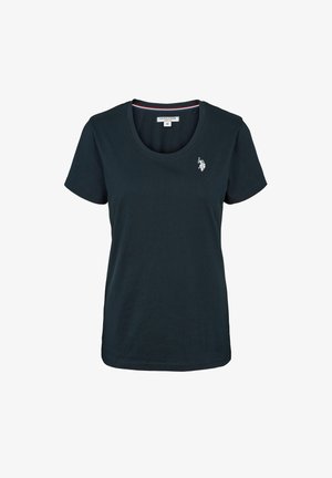 Navyblauwe katoenen T-shirt met korte mouwen en een ronde halslijn; heeft een klein wit geborduurd logo op de linkerkant van de borst.