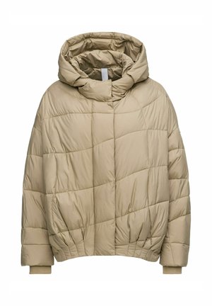 Beige pufferjack met een capuchon, voorzien van diagonale quiltpatronen en elastische cuffs. Gemaakt van lichtgewicht synthetisch materiaal.