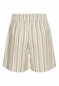 Pantaloni corti a righe in beige e crema, con vita elasticizzata e vestibilità rilassata. Il tessuto presenta una trama leggera e testurizzata.