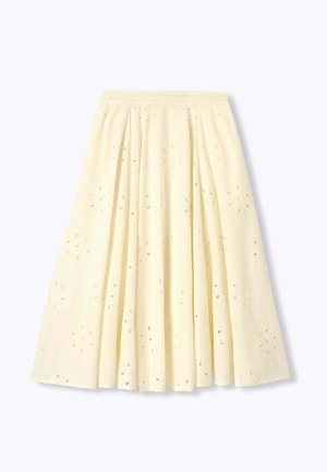 Jupe midi couleur crème avec broderie florale ajourée et plis sur fond uni.