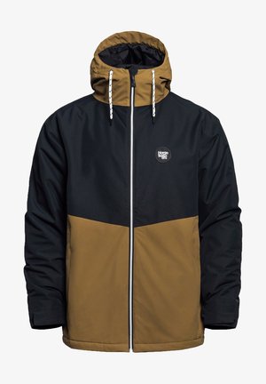 Černá a hnědá zateplená bunda se zapínáním na zip vpředu, kapucí se stahovací šňůrkou a logem na hrudi. Má kontrastní barevné blokové provedení.