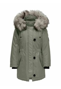 Parka ve světle zelené barvě s uměleckou kožešinou na kapuci. Obsahuje dvouřadové knoflíky, boční kapsy a stahovací pás. Dlouhé rukávy.