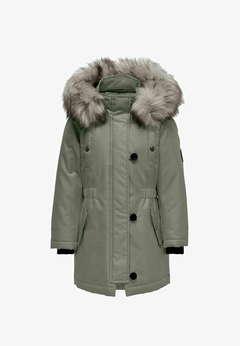 Parka ve světle zelené barvě s uměleckou kožešinou na kapuci. Obsahuje dvouřadové knoflíky, boční kapsy a stahovací pás. Dlouhé rukávy.