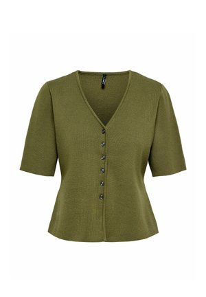 Olivgrüne, kurzärmelige Strickjacke mit V-Ausschnitt und sechs vorderen Knöpfen, figurnaher Schnitt und weicher, strukturierter Stoff.