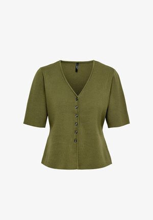 Cardigan en maille vert olive à manches courtes avec col en V et six boutons à l'avant, coupe ajustée, tissu doux et texturé.