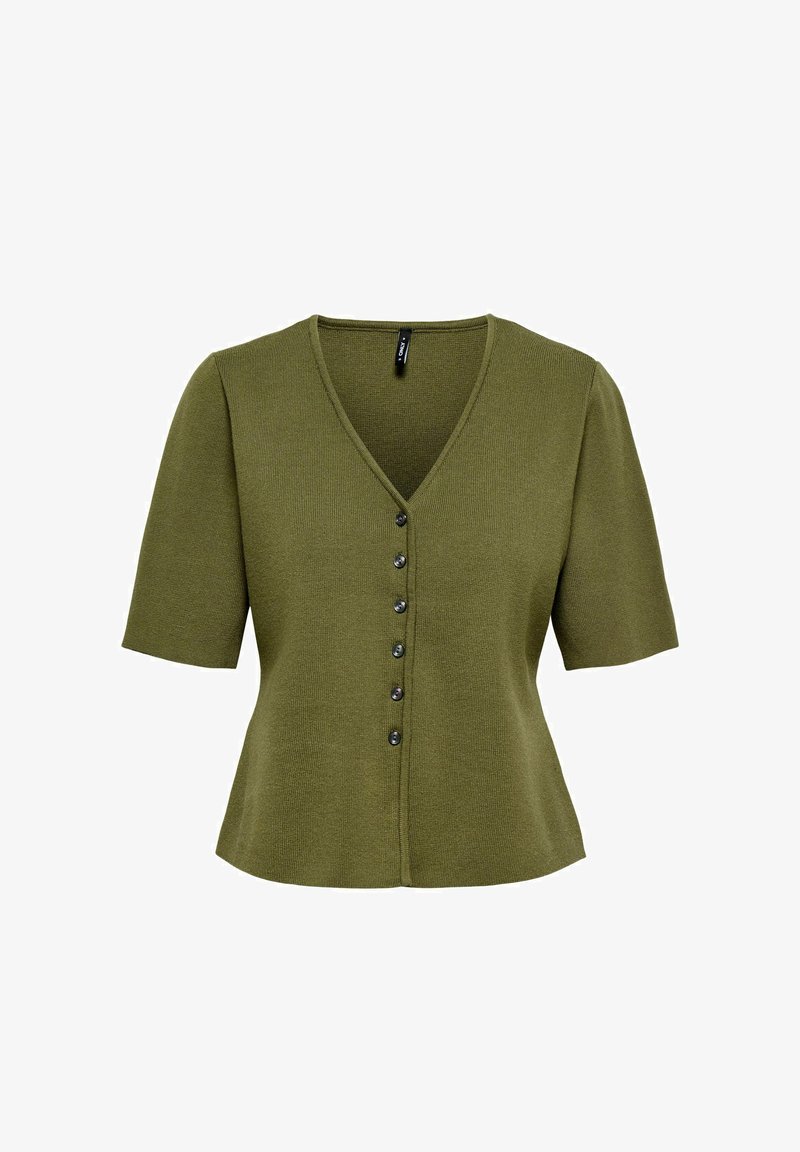 Cardigan en maille vert olive à manches courtes avec col en V et six boutons à l'avant, coupe ajustée, tissu doux et texturé.
