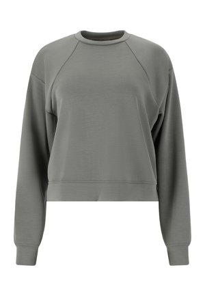 Grijze cropped sweatshirt met lange raglanmouwen. Glad materiaal, ronde hals en een eenvoudig ontwerp zonder patronen of zichtbare hardware.