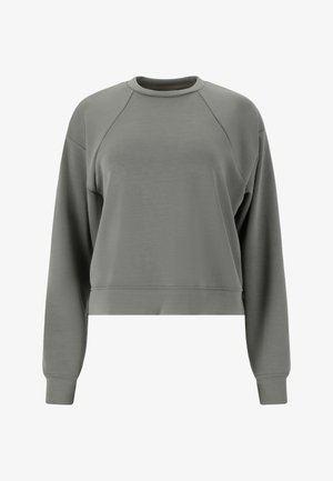 Grijze cropped sweatshirt met lange raglanmouwen. Glad materiaal, ronde hals en een eenvoudig ontwerp zonder patronen of zichtbare hardware.