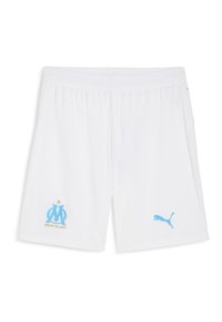 Valged spordilühikesed püksid kerge kangaga, millel on sinine brodeeritud logo spordimeeskonnalt ja sinine Puma logo küljes.