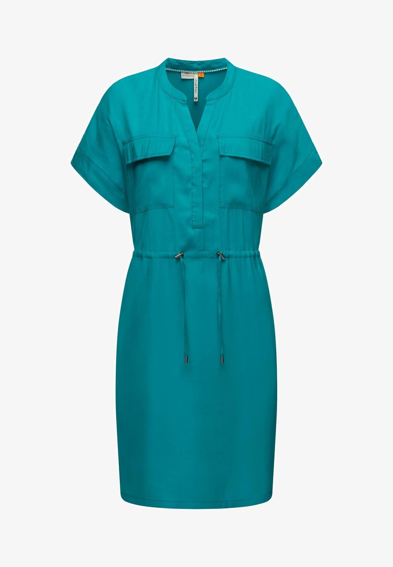 Robe turquoise à manches courtes avec deux poches poitrine, un col en V et une taille ajustable avec cordon.