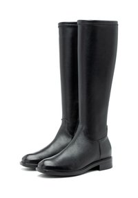 Stivali neri alti realizzati in pelle liscia con una finitura testurizzata. Caratterizzati da una punta rotonda, tacco basso e design senza cuciture. Suola piatta.
