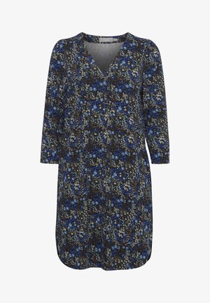 Blomsterkjole med V-udskæring, 3/4-ærmer og en mørk baggrund med blå, hvide og brune blomstermønstre. Blødt, let stof.