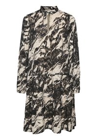 Robe à manches longues dans un motif abstrait noir et beige, avec un décolleté en trou de serrure, un design en couches et un tissu doux et texturé.