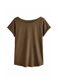 T-shirt marron à manches courtes avec un large décolleté et une texture douce. Coupe simple et droite sans motifs ni ornements visibles.
